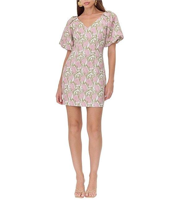 Adelyn Rae Jacquard Floral Print V Neck Short Sleeve Sheath Mini Dress Product Image