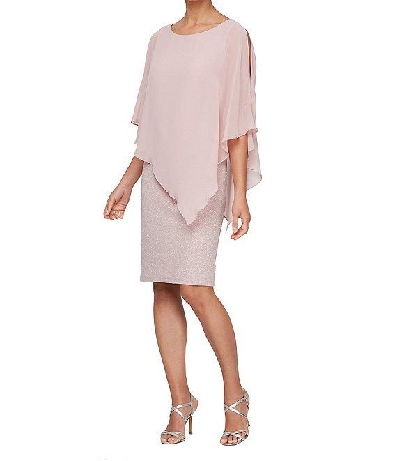 Ignite Evenings Short Sleeve Crew Neck Asymmetric Overlay Bodice Glitter Sheath Dress Product Image