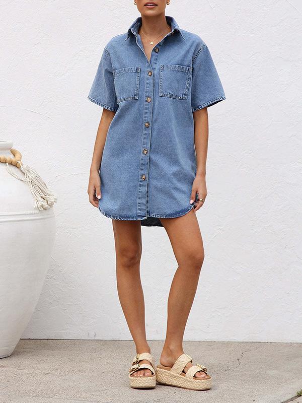 Loose Short Sleeves Split-Joint Lapel Mini Dresses Shirt Dress Product Image