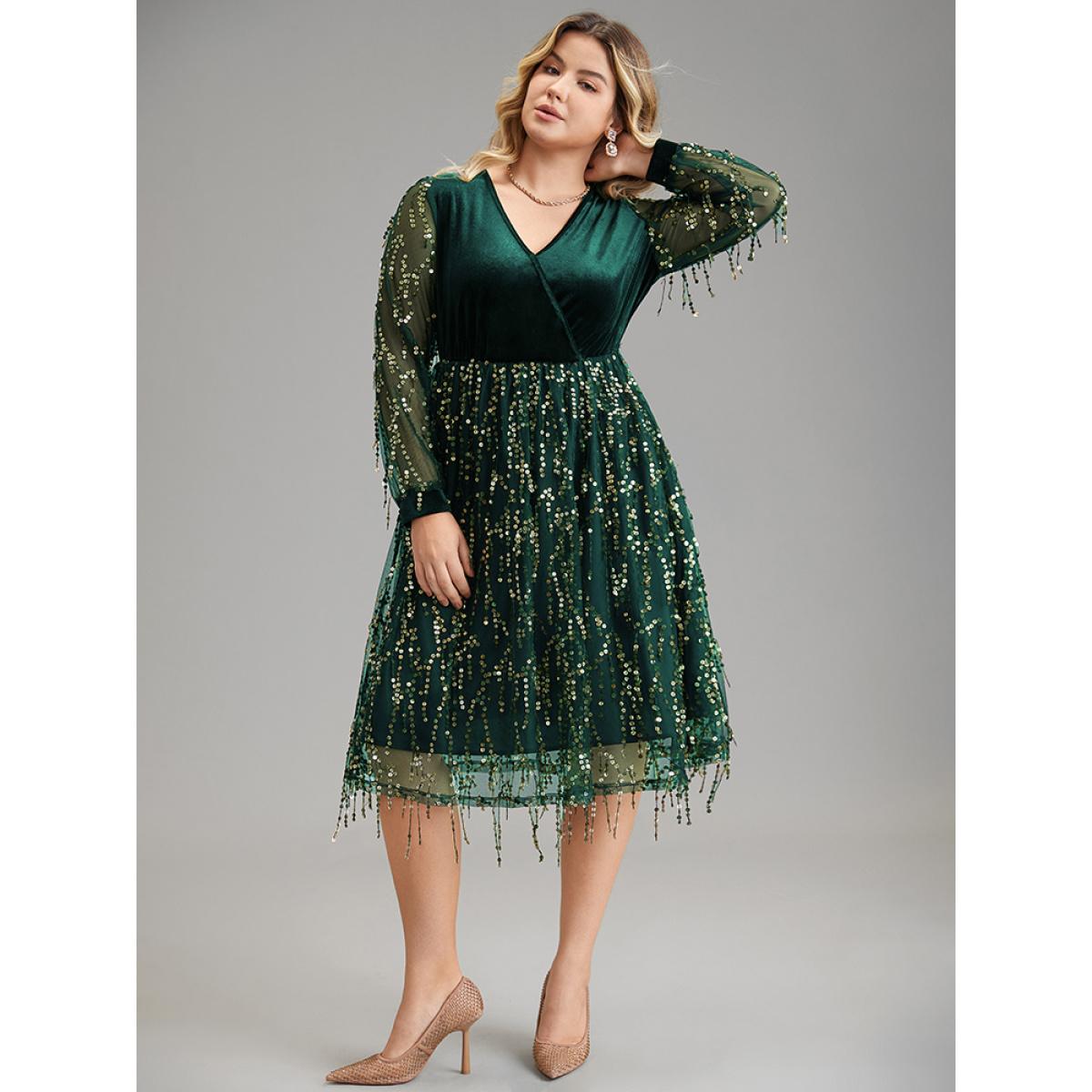 Plus Size Velvet Sequin Tassels Mesh Surplice Neck Dress Green Women Cocktail Sequin Overlap Collar Long Sleeve Curvy Midi Dress BloomChic 10/M Product Image