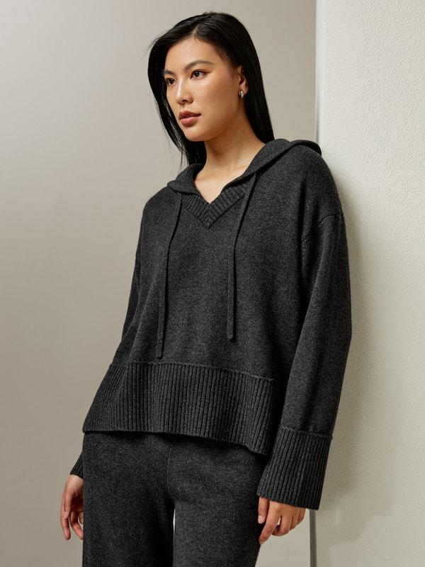 V Neck Wool-Cashmere Blend Hoodie Product Image