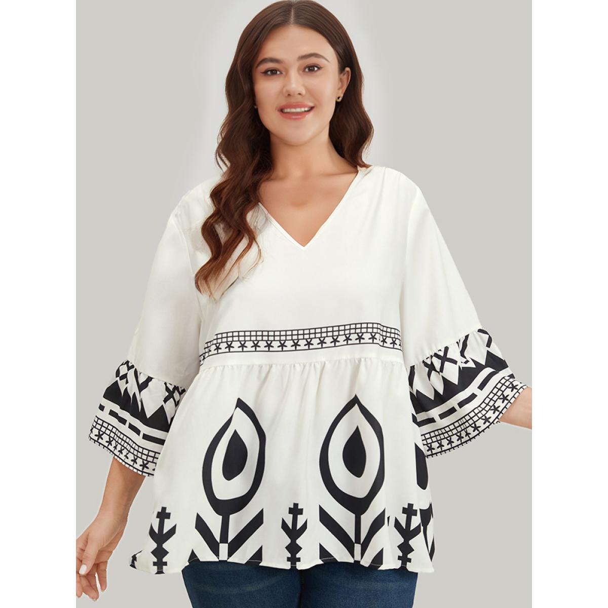 Plus Size Ivory Silhouette Floral Print Bell Sleeve Ruffle Hem Blouse Women Vacation Elbow-length sleeve V-neck Dailywear Blouses BloomChic 18-20/2X Product Image