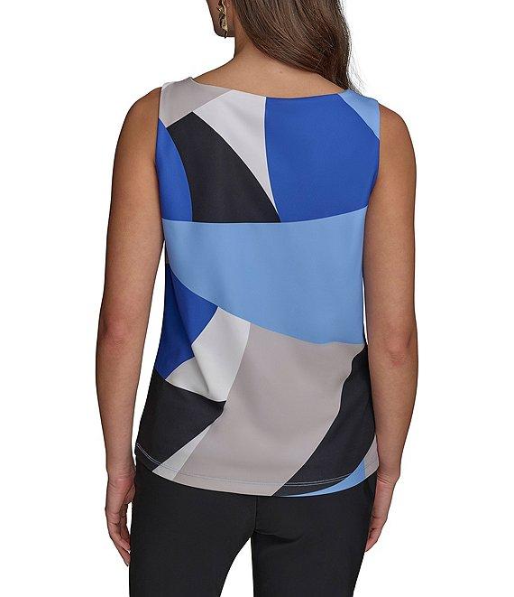 Donna Karan Geometric Printed Gold Shoulder Hardware Cowl Neck Sleeveless Top Product Image