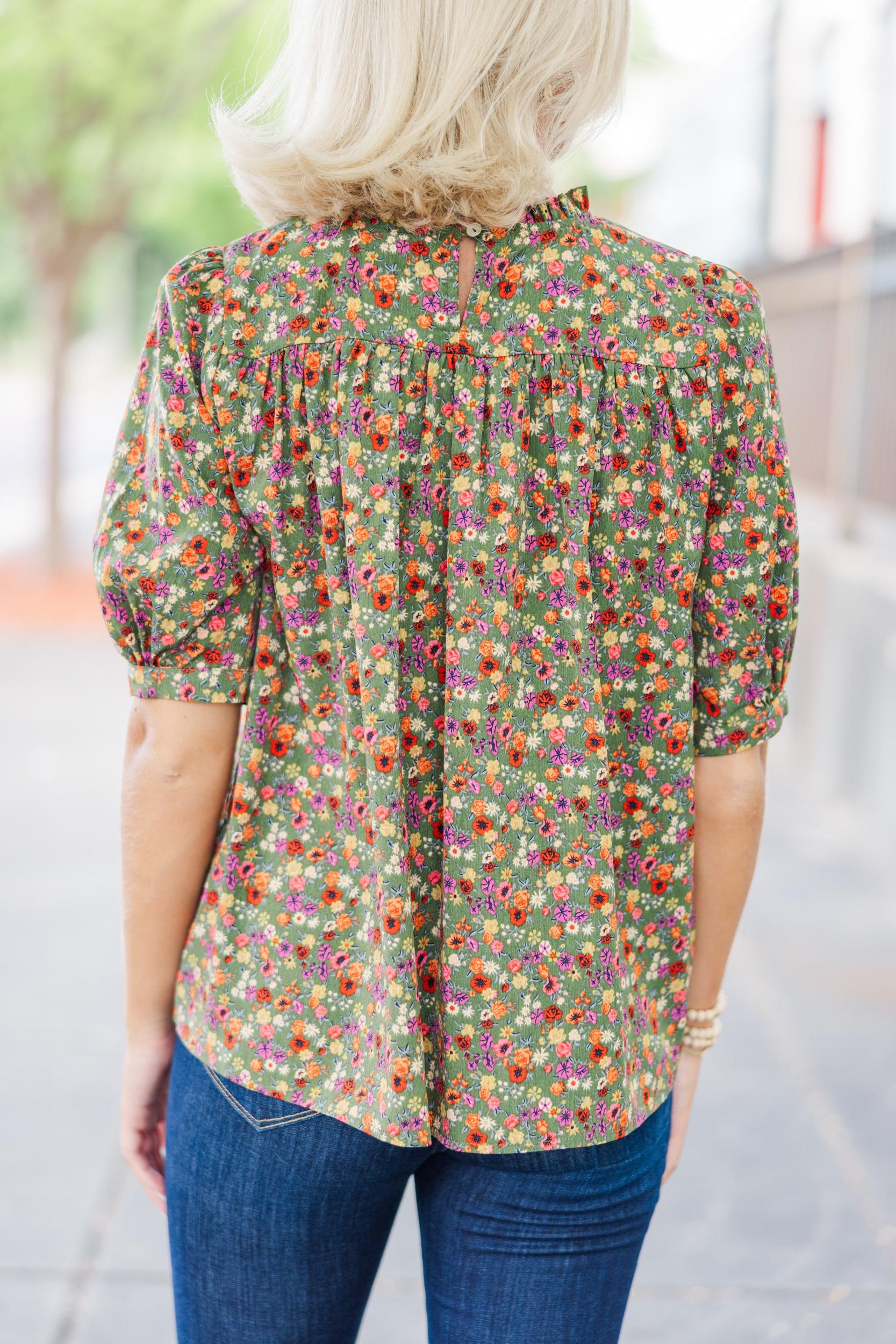 Make A Choice Olive Green Ditsy Floral Blouse Female Product Image