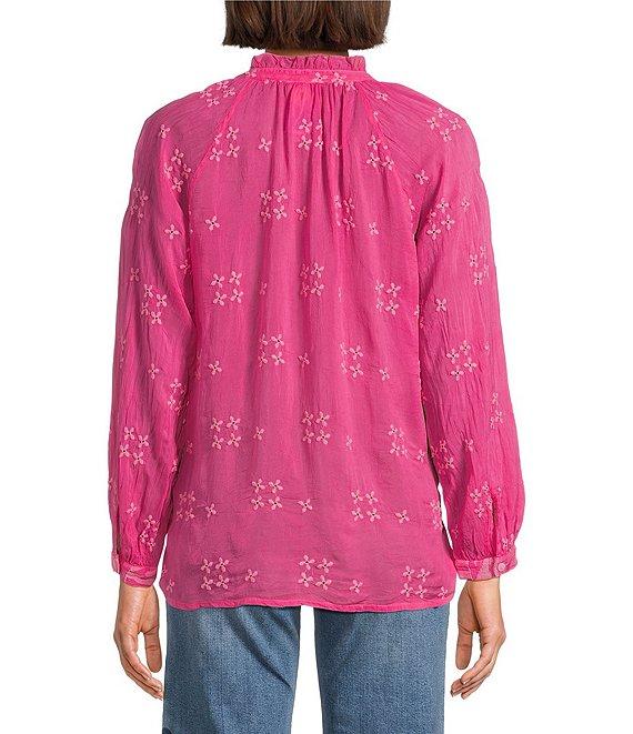 JOHNNY WAS Molli Monotone Embroidered Cupro Ruffle Trim Band Collar Long Sleeve Blouse Product Image