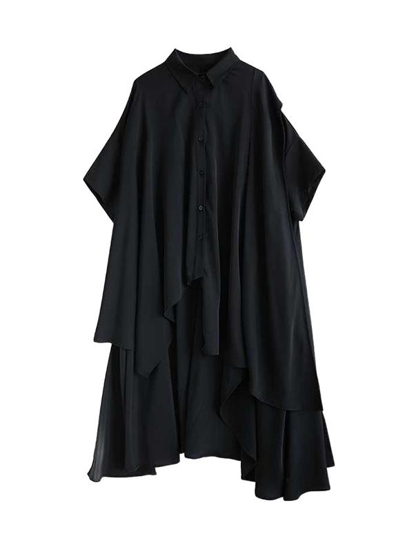 A-Line Half Sleeves Asymmetric Buttoned Pockets Solid Color Lapel Midi Dresses Shirt Dress Product Image