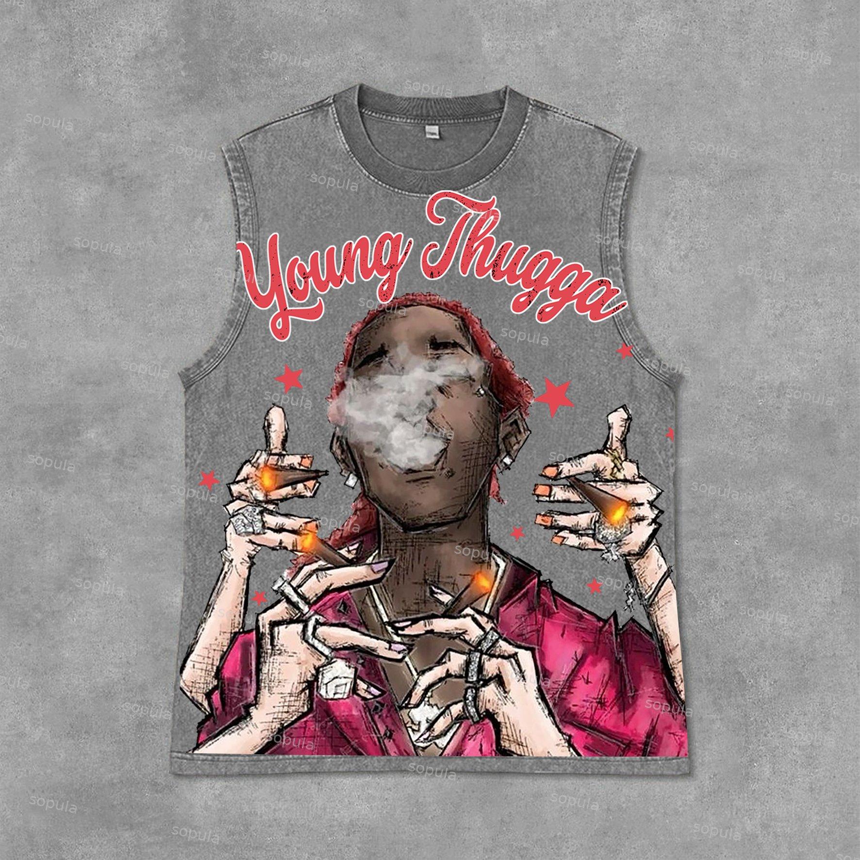 Young Thugga-Luh Lattt Graphics Print Acid Washed Sleeveless Tank Top Product Image