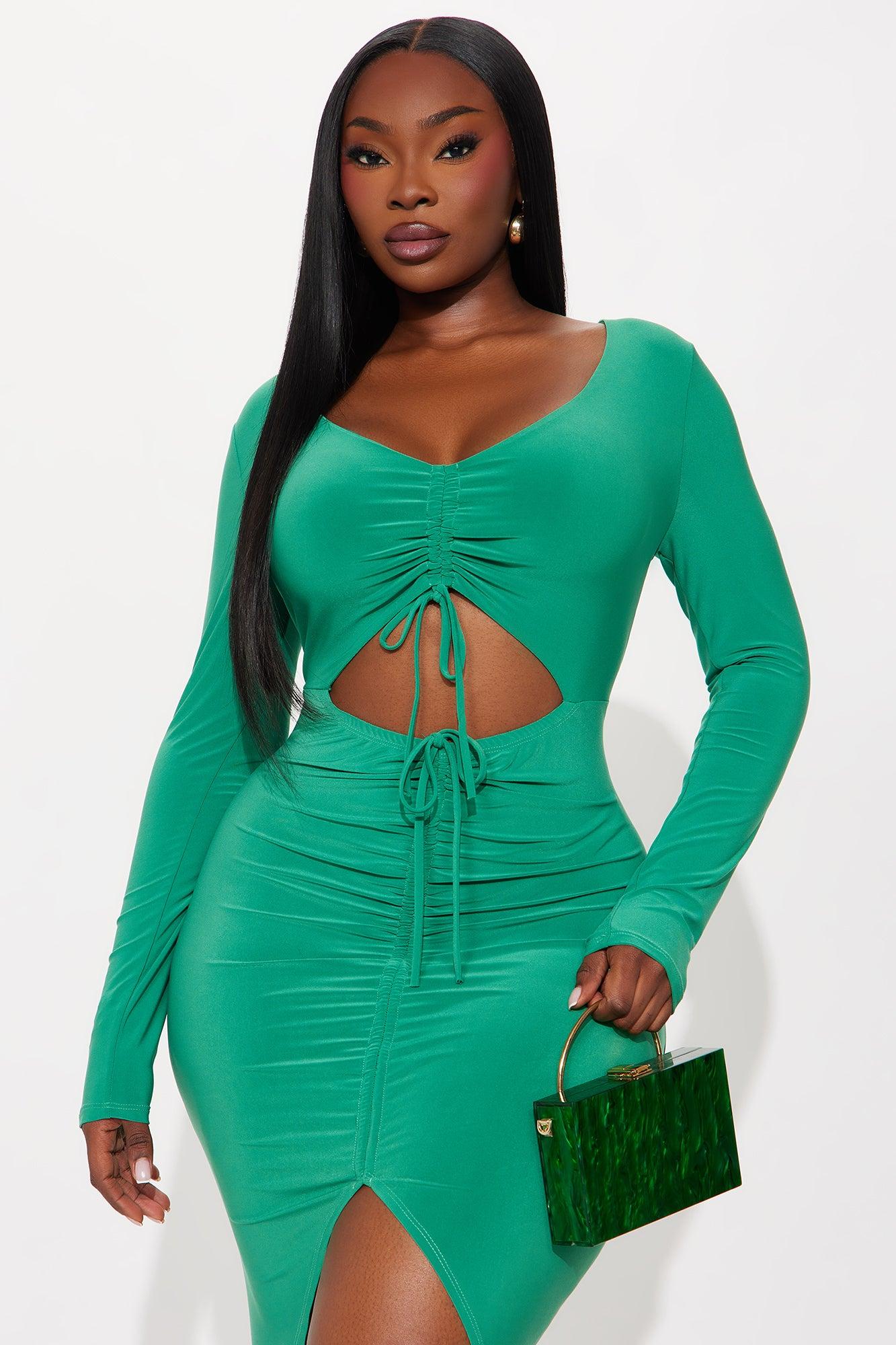 Riley Ruched Long Sleeve Midi Dress - Green Female Product Image
