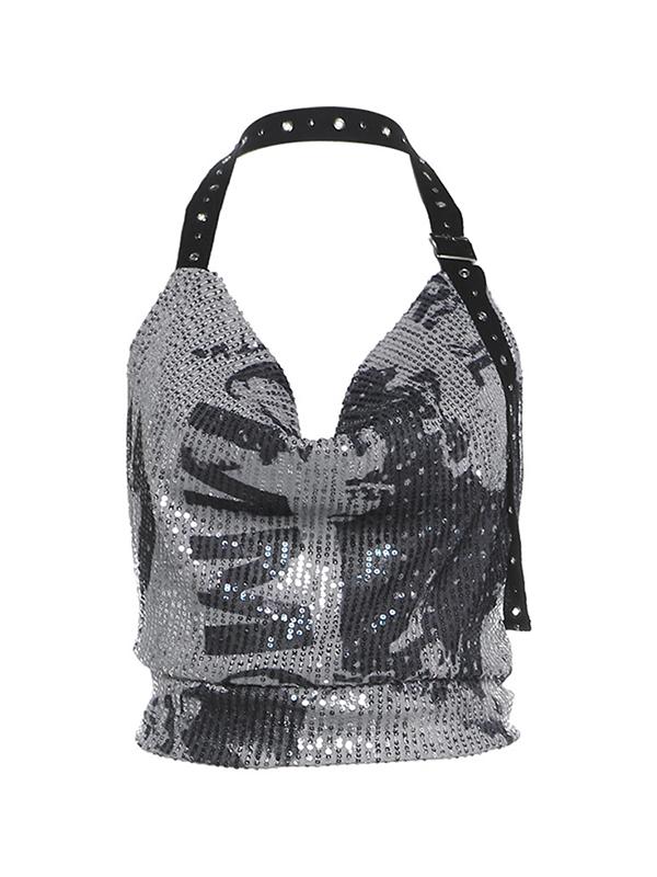 Sequin Eyelet Backless Halter Vest Product Image