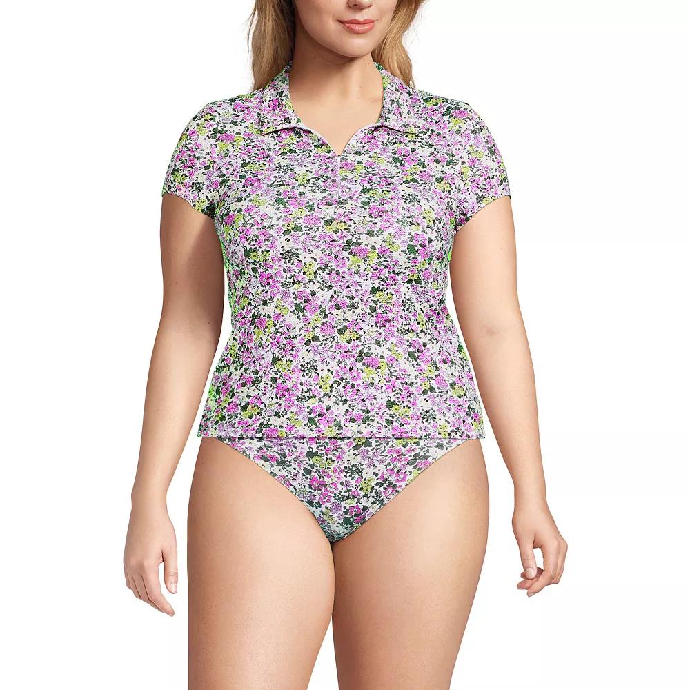 Plus Size Lands' End Short Sleeve Pique Johnny Collar Swim Top, Women's, Size: 2XL, Dusk Meadow Floral Product Image