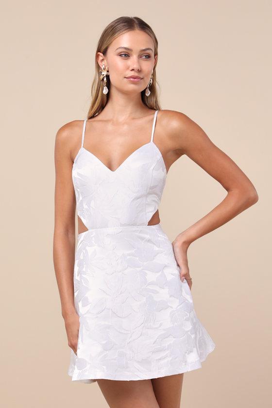 Pristinely Pretty White Jacquard Cutout Bow Mini Dress Product Image