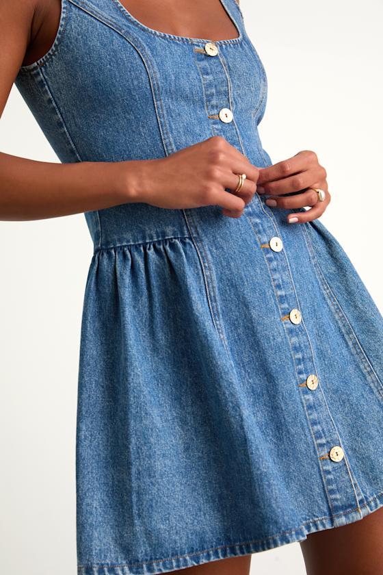 Prinsley Medium Wash Denim Button-Front Mini Dress Product Image
