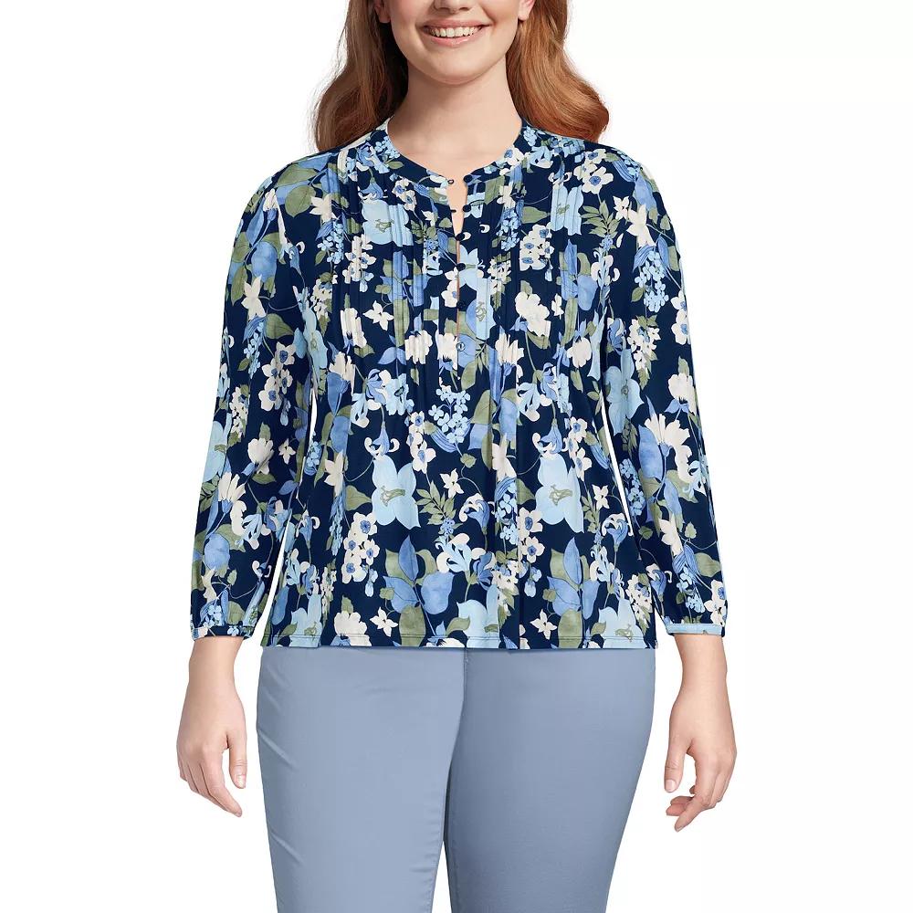 Plus Size Lands' End Lightweight Jersey Button Pintuck Top, Women's, Size: 1XL, Blue Pin Dot Product Image