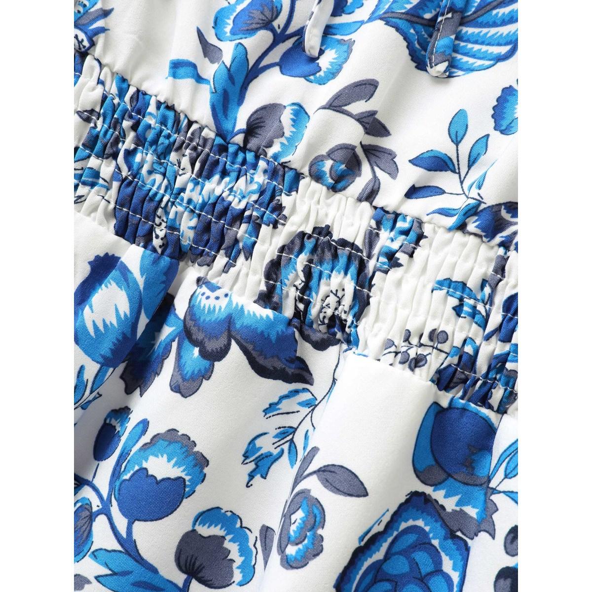 Plus Size Boho Print Tie Knot Shirred Cami Dress Blue Women Resort Tie knot Non Sleeveless Curvy Midi Dress BloomChic 14-16/1X Product Image