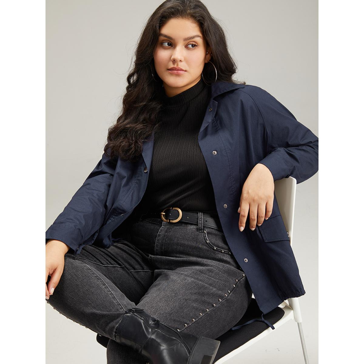Plus Size Cotton Button Fly Drawstring Hem Coat Women Indigo Casual Plain Ladies Everyday Winter Coats BloomChic 28/5X Product Image