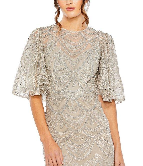Mac Duggal Sequin Embellished Illusion High Neck 3/4 Sheer Flutter Sleeves Sheath Dress Product Image