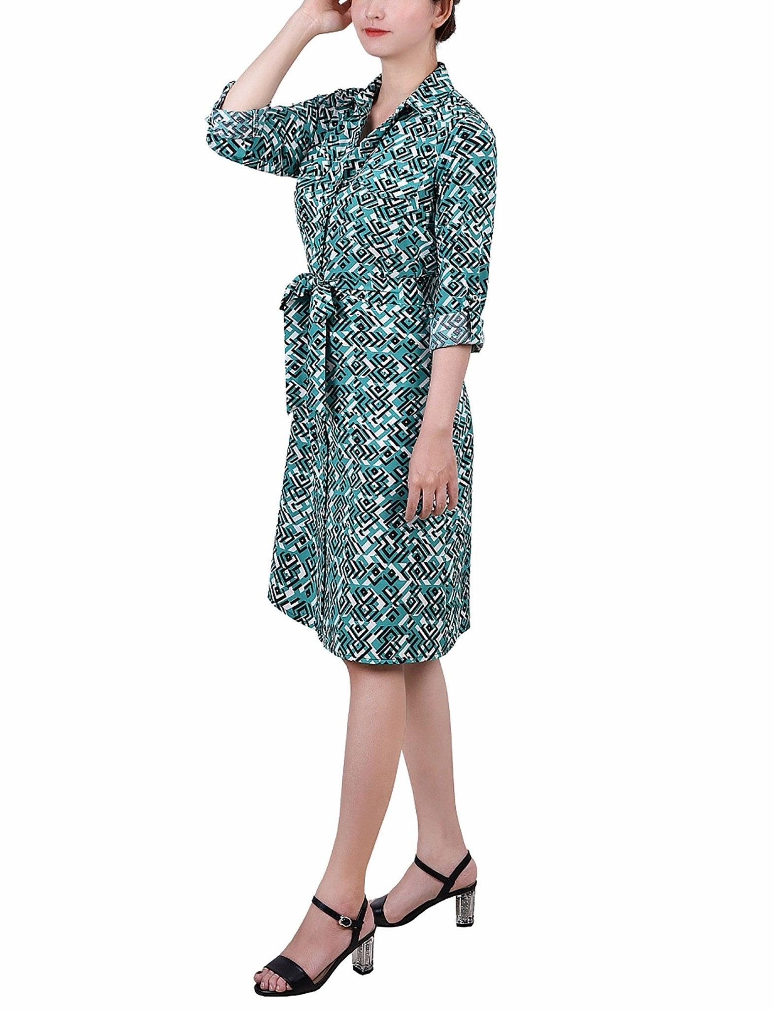Green Diatribe 3/4 Roll Tab Sleeve Belted Shirtdress - Petite Product Image
