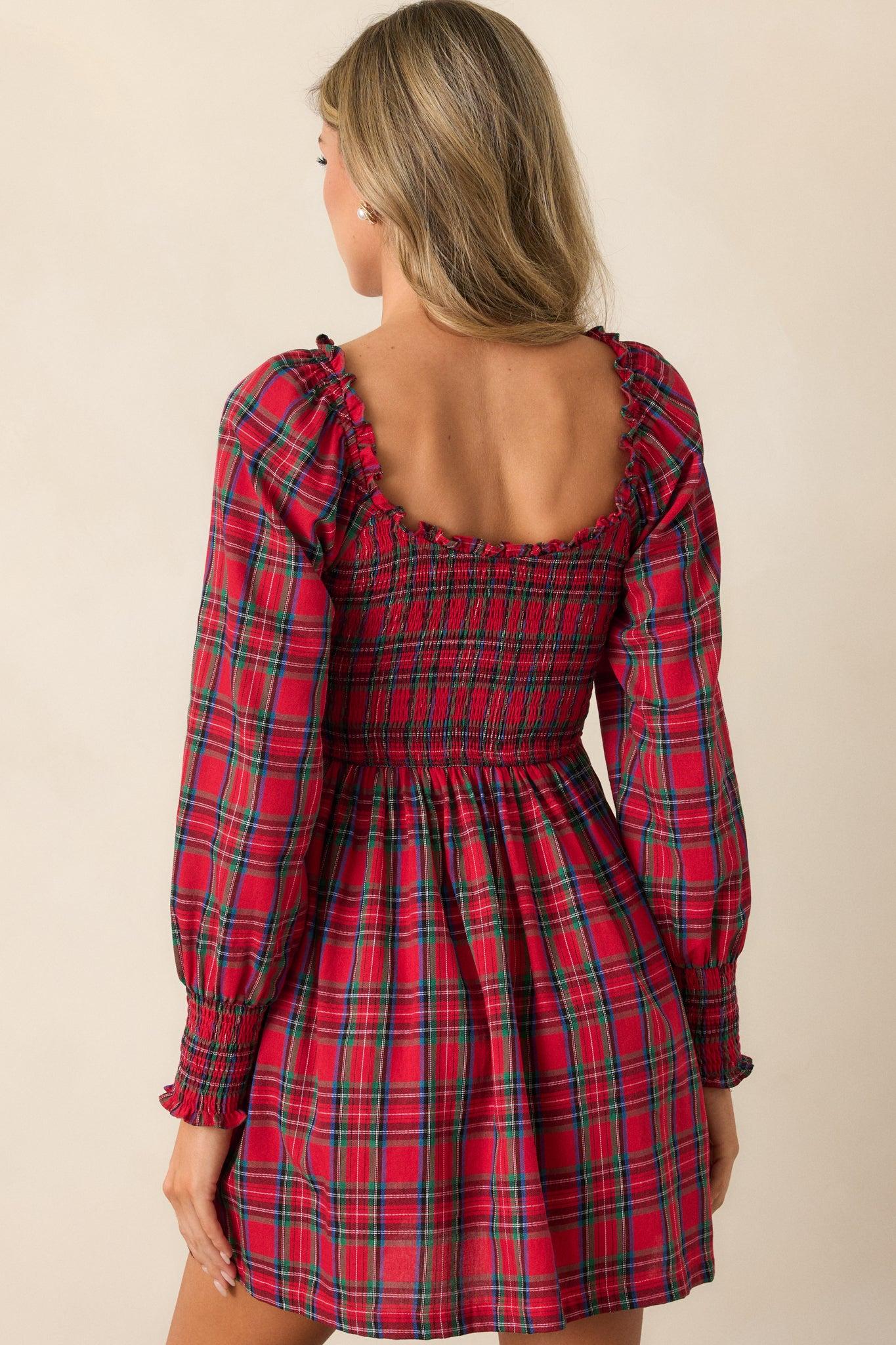 Dance With Me Cotton Red Plaid Long Sleeve Mini Dress Product Image