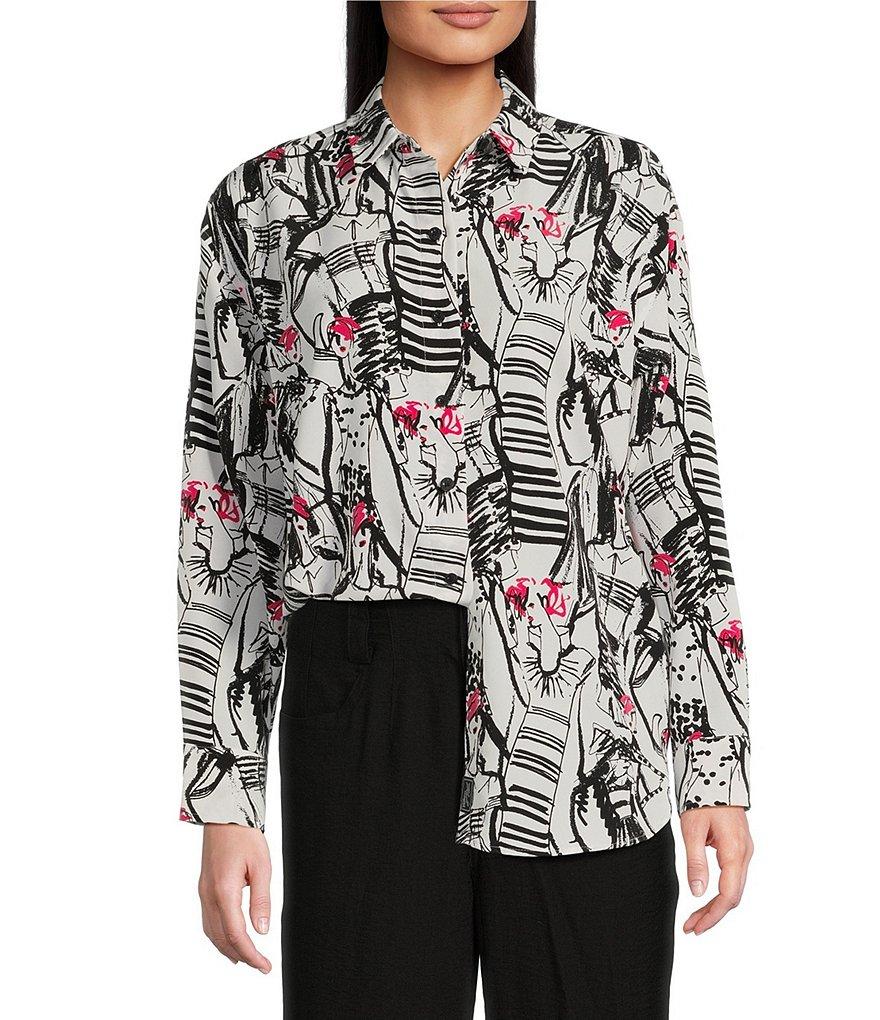 KARL LAGERFELD PARIS Silky Crepe Sketch Print Point Collar Long Sleeve Button-Front Blouse Product Image