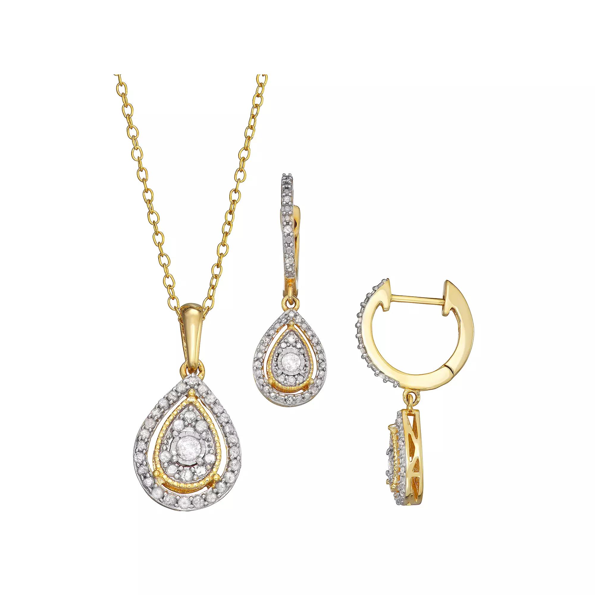 Sterling Silver 1/2 Carat T.W. Diamond Teardrop Pendant & Drop Earring Set, Women's, Size: 18", Gold Tone Product Image