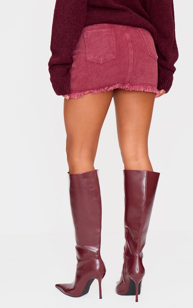 Washed Burgundy Raw Hem Denim Mini Skirt Product Image