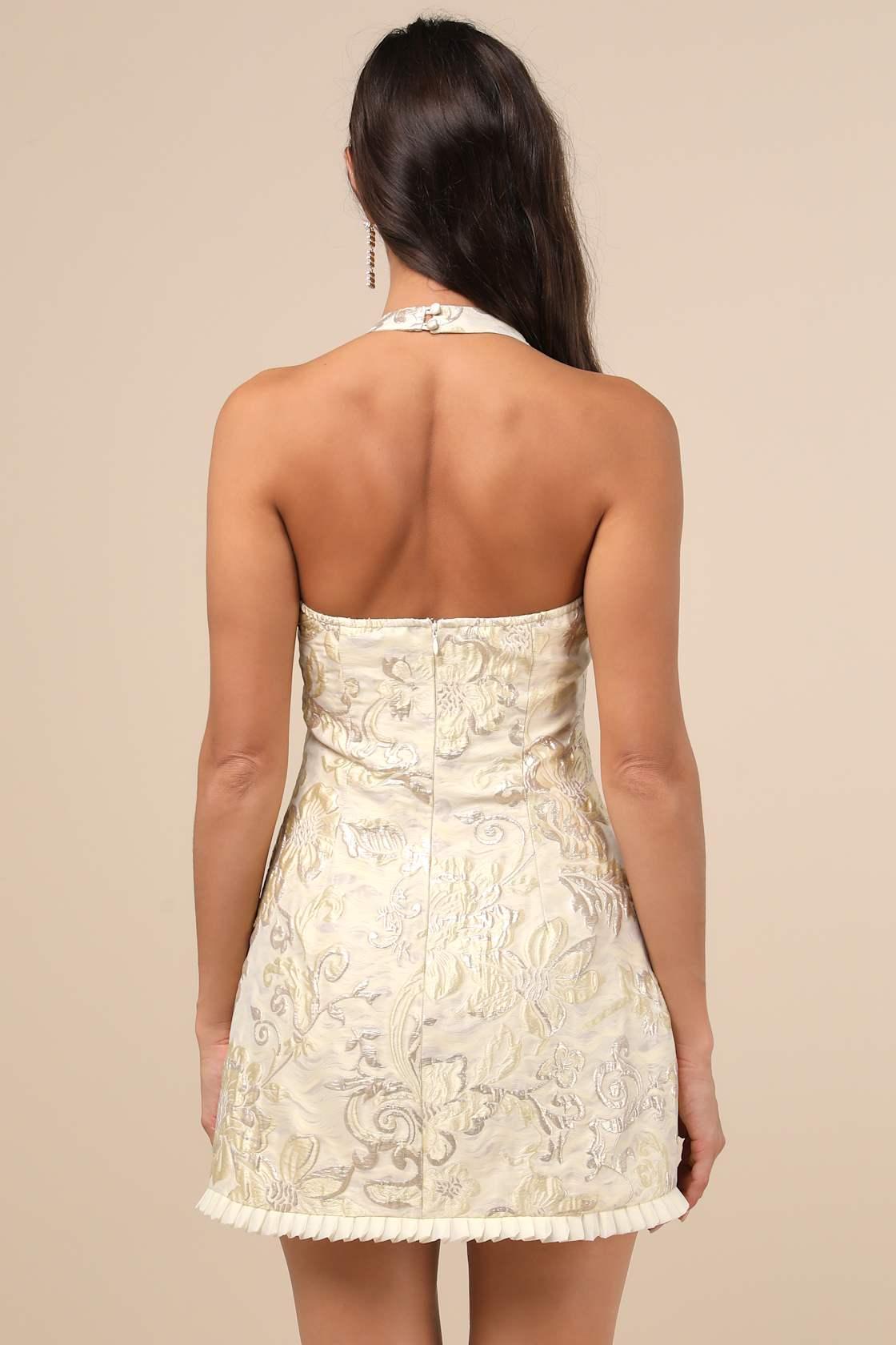 Zinya Pale Yellow Jacquard Lurex Halter Mini Dress Product Image