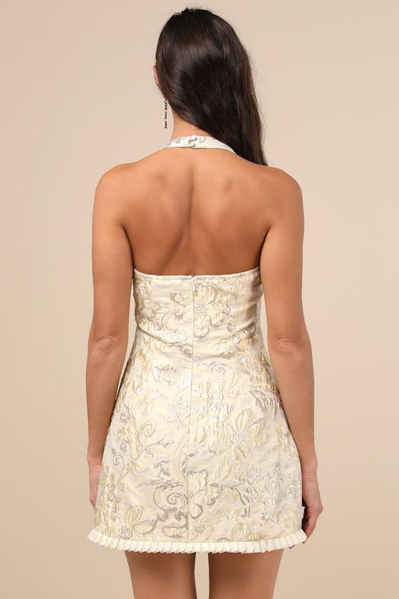 Zinya Pale Yellow Jacquard Lurex Halter Mini Dress Product Image