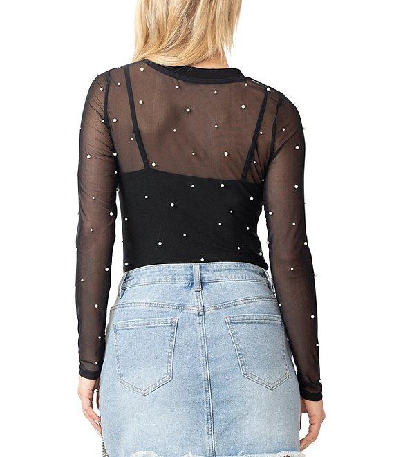 Stevie by Steve Madden Power Mesh Faux Pearl Crew Neck Long Sleeve Cami Top Product Image