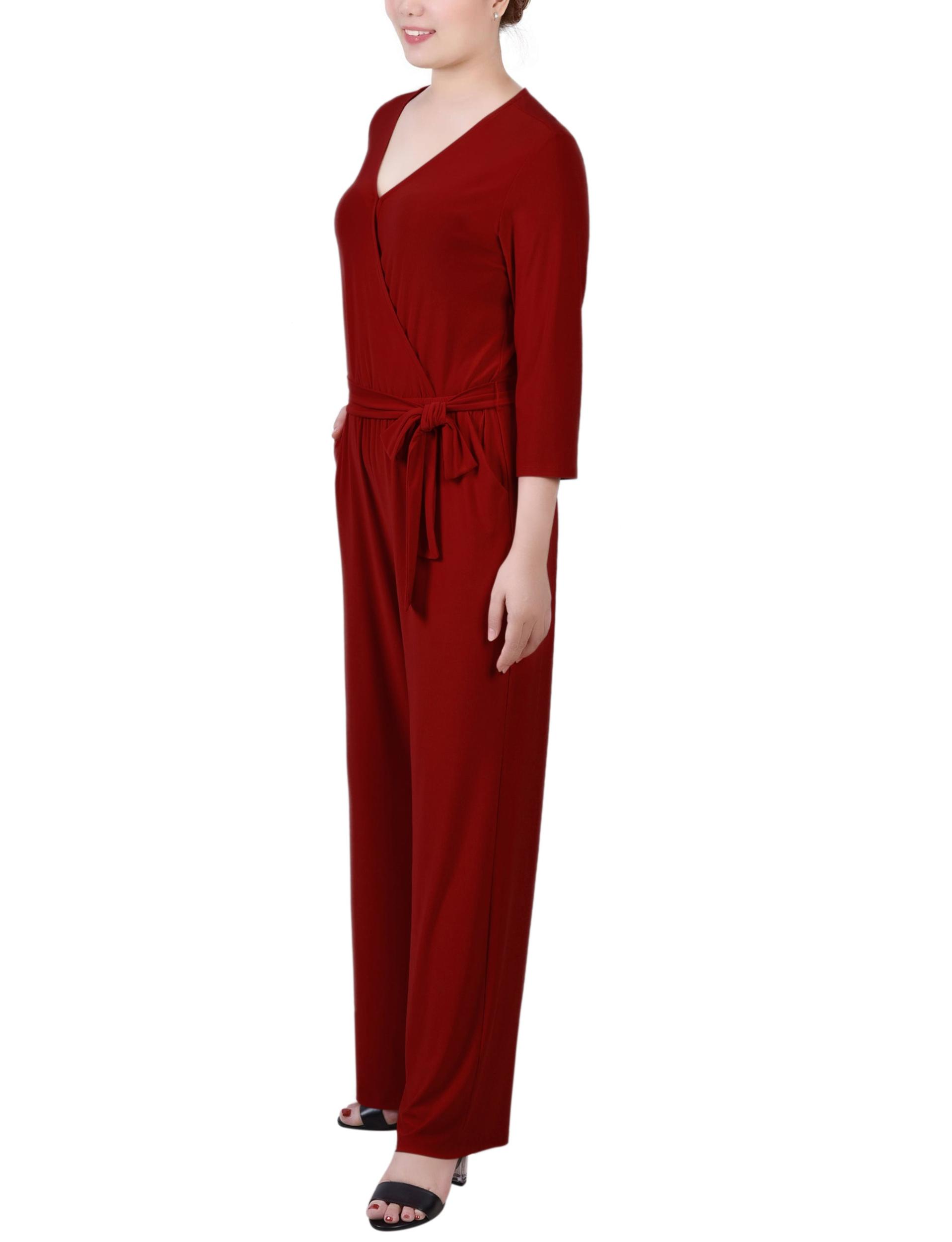 Wine 3/4 Sleeve Belted Jumpsuit - Petite Product Image