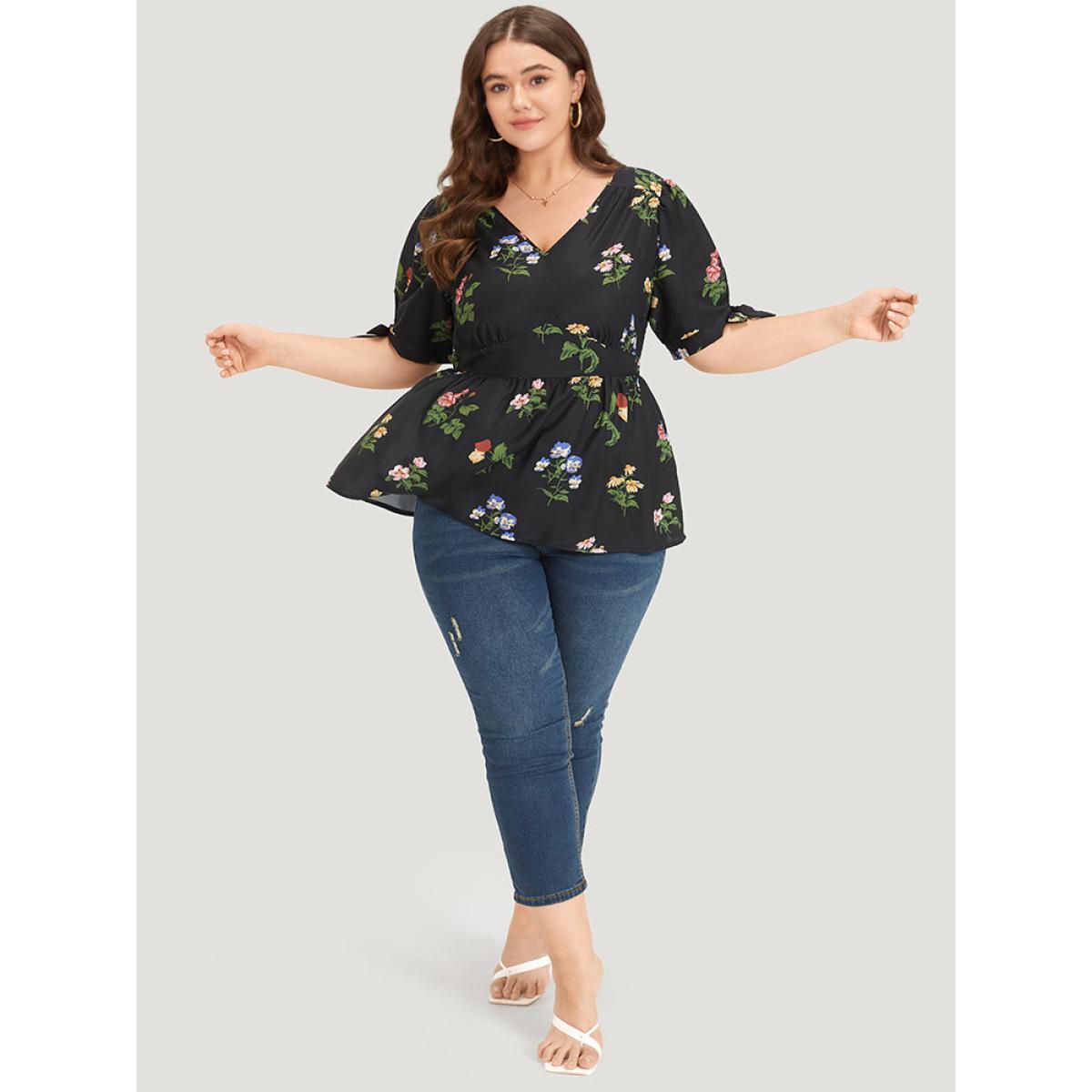 Plus Size Black Floral Print Knot Gathered Elastic Waist Blouse Women Elegant Short sleeve V-neck Dailywear Blouses BloomChic 10/M Product Image