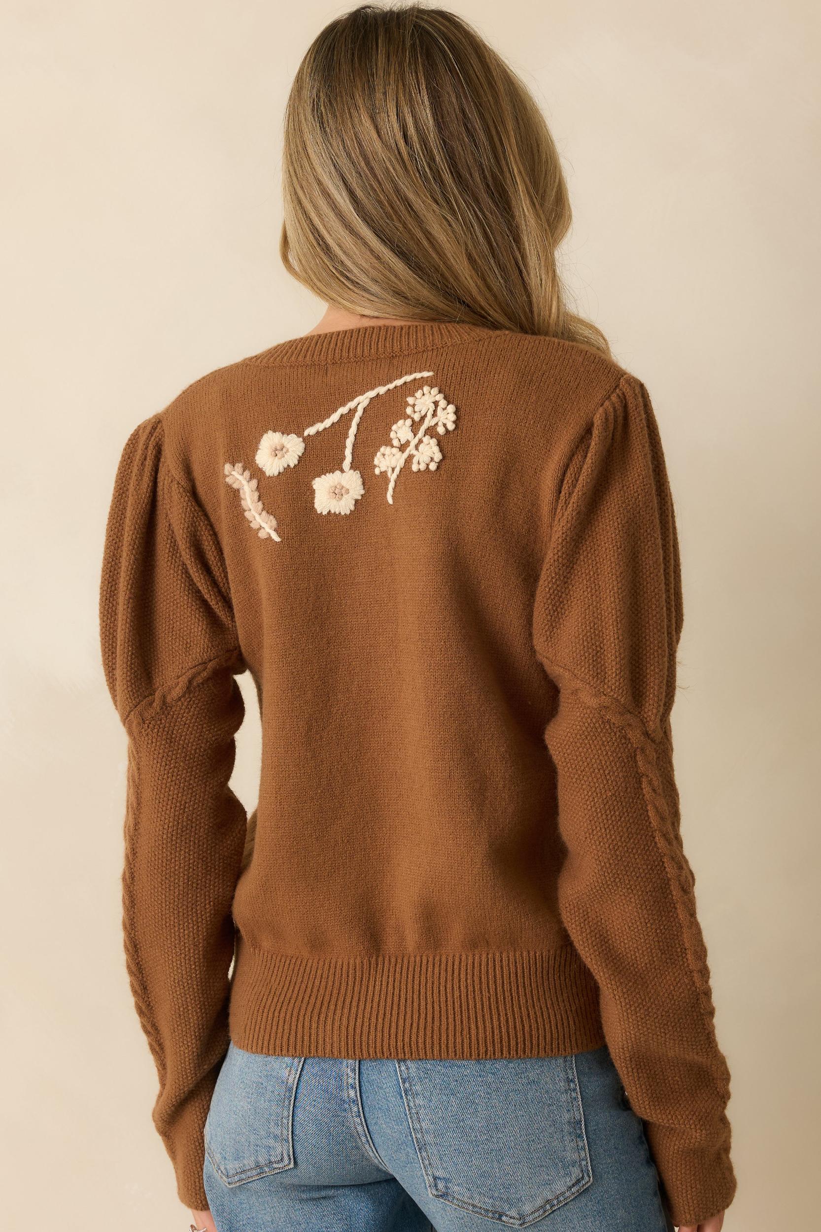 Botanical Whispers Tiramisu Brown Floral Knit Button Front Cardigan Product Image