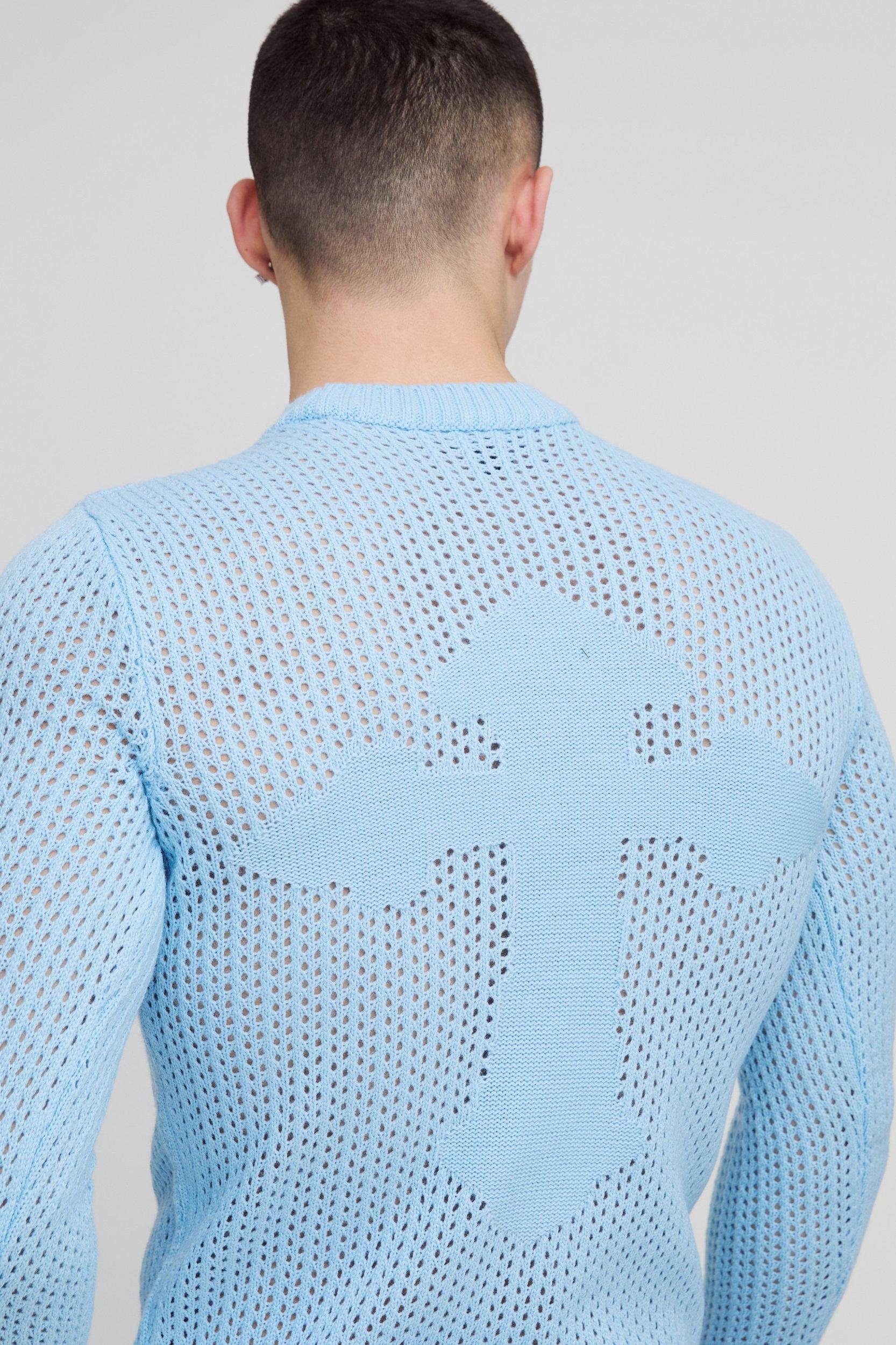 Muscle Fit Open Stitch Cross Graphic Long Sleeve Knitted T-Shirt | boohooMAN USA Product Image