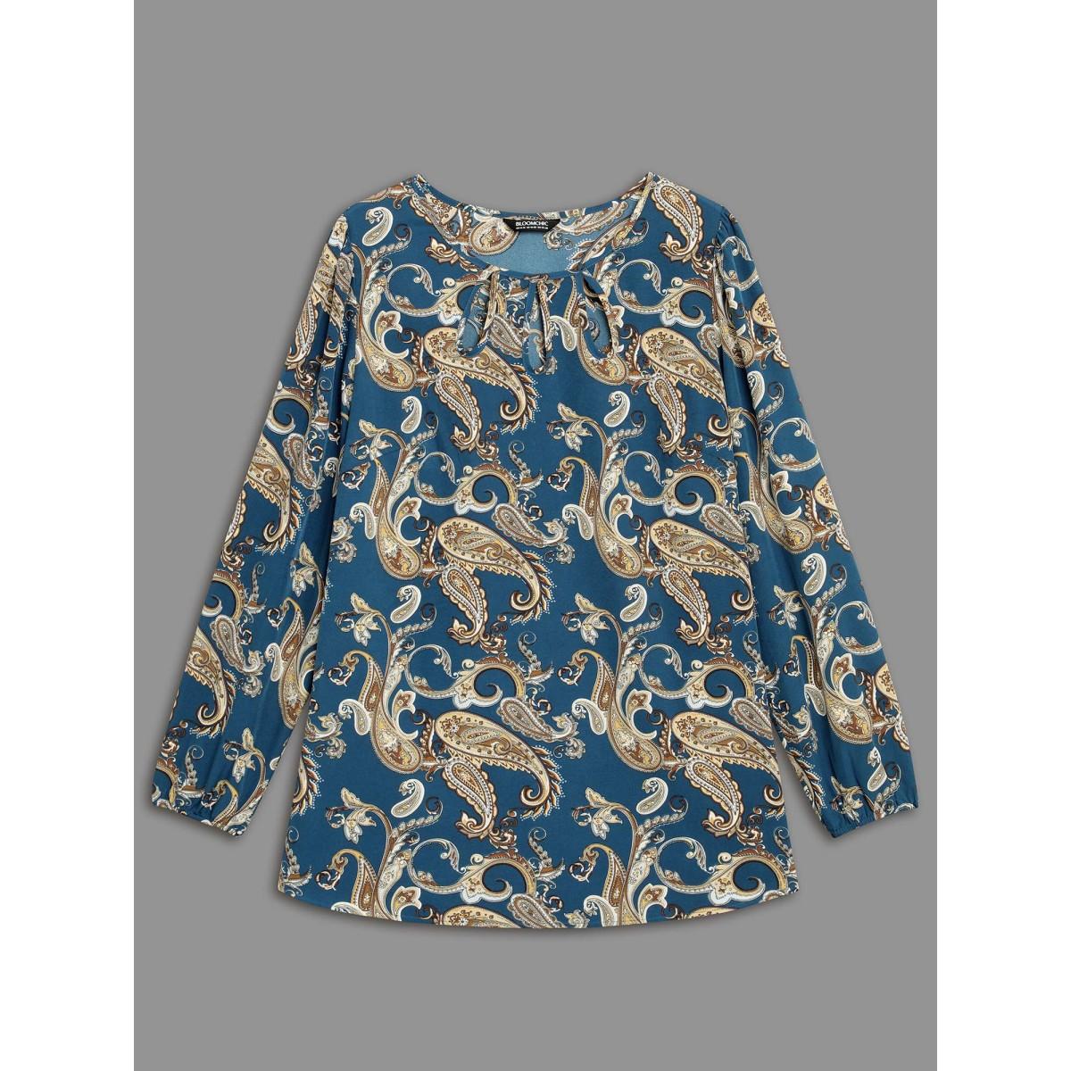 Plus Size Aegean Round Neck Paisley Cut Out Blouse Women Elegant Extra Long Sleeve Round Neck Everyday Blouses BloomChic 10/M Product Image