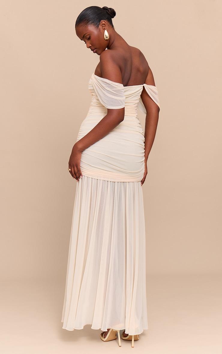 Cream Mesh Bardot Ruched Detail Maxi Dress Product Image