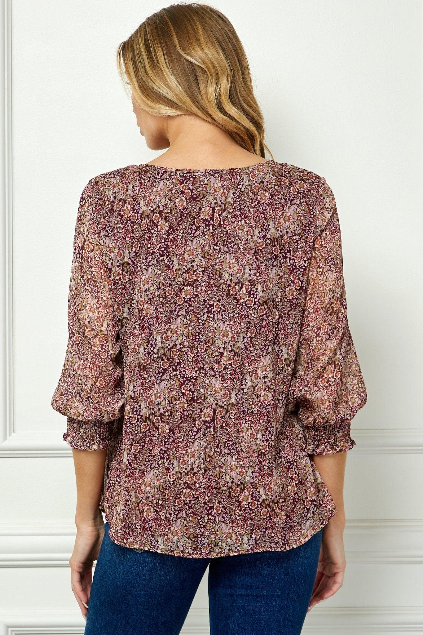 Burgundy Floral 3/4 Sleeve Blouse Product Image