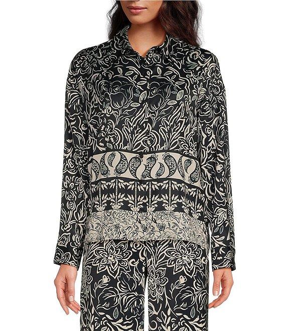 Chelsea & Violet Coordinating Carter Printed Satin Full Front Button Blouse Product Image