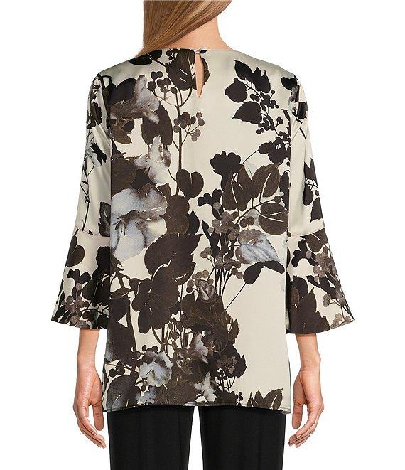 Caroline Rose Woven Crepe Bella Fall Floral Print Scoop Neck 3/4 Bell Sleeve Top Product Image
