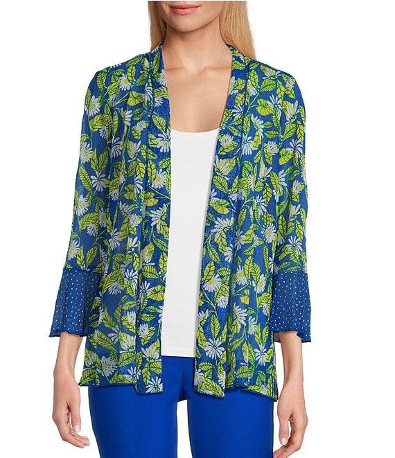 Multiples Blue Print Onionskin Shawl Neck 3/4 Flounce Sleeve Open-Front Jacket Product Image