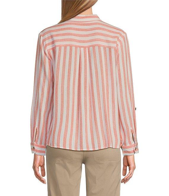 Multiples Petite Size Yarn-Dye Stripe Point Collar Long Roll-Tab Sleeve Button-Front Shirt Product Image
