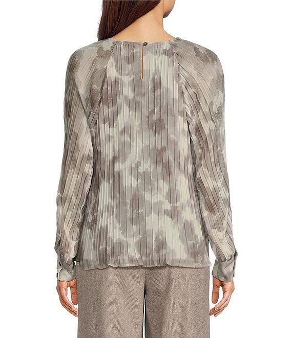 Calvin Klein Floral Printed Chiffon Pleated Crew Neck Long Sleeve Blouse Product Image