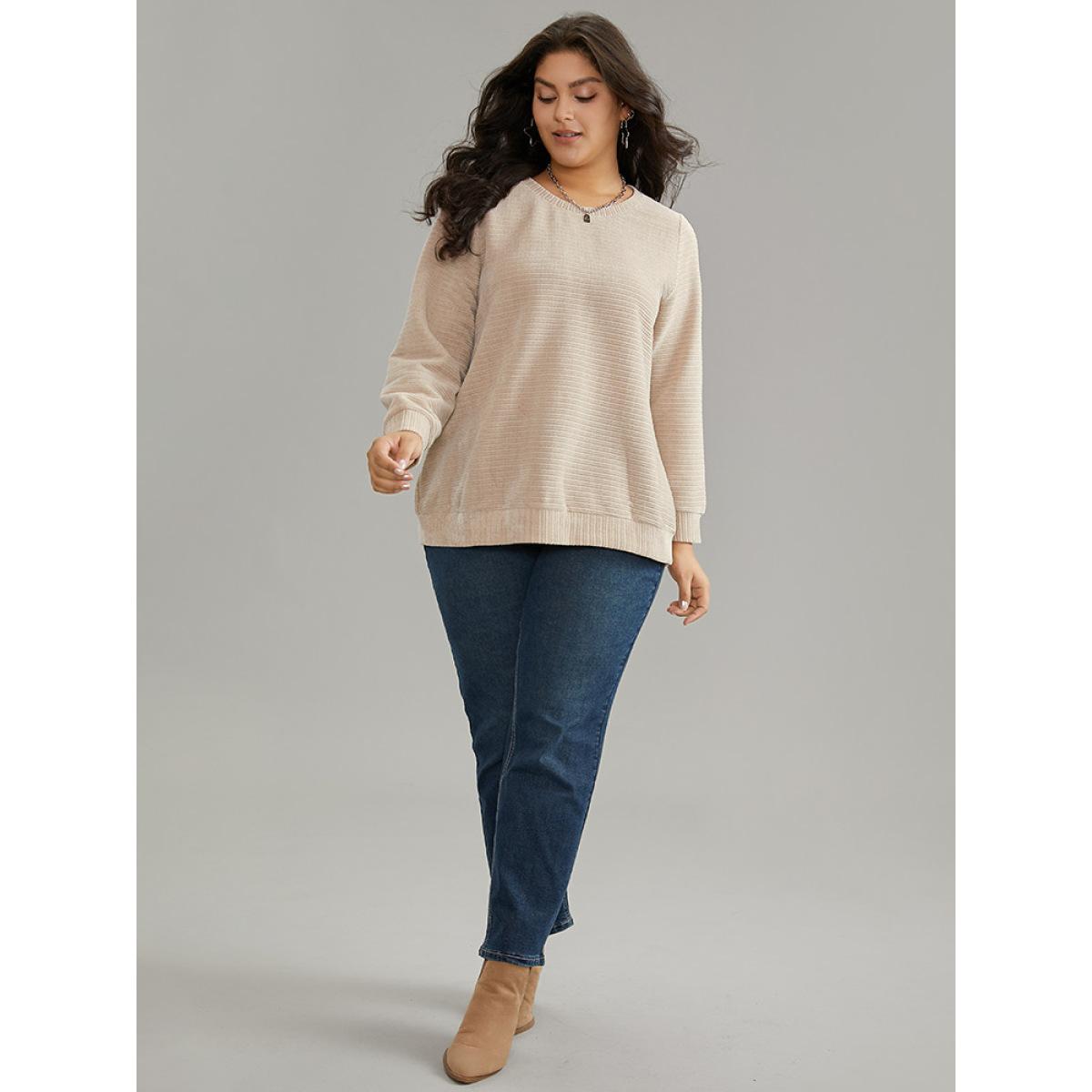 Plus Size Crew Neck Solid Textured Sweatshirt Women Apricot Casual Thick Round Neck Dailywear Sweatshirts BloomChic 18-20/2X Product Image