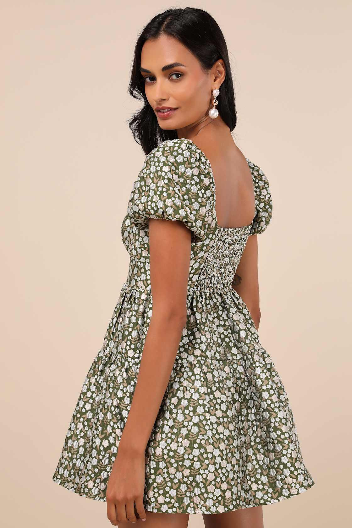 Confident Sweetheart Olive Floral Jacquard Tiered Mini Dress Product Image