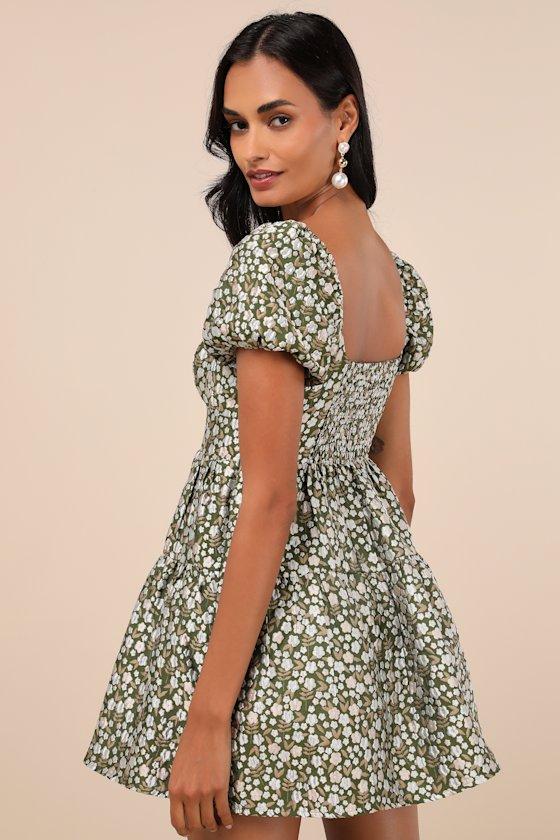 Confident Sweetheart Olive Floral Jacquard Tiered Mini Dress Product Image