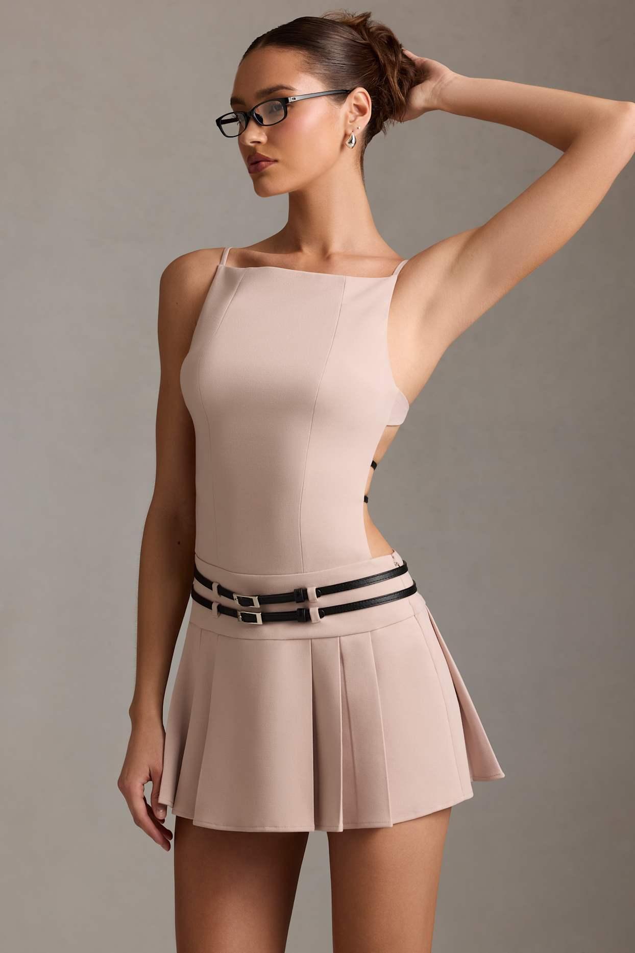 Belted Backless Pleated Mini Dress in Mushroom Product Image
