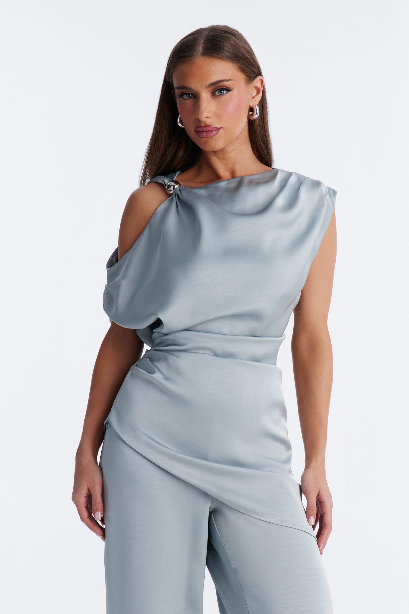 Mallory Satin Asymmetrical Pant Set - Dusty Blue Female Product Image