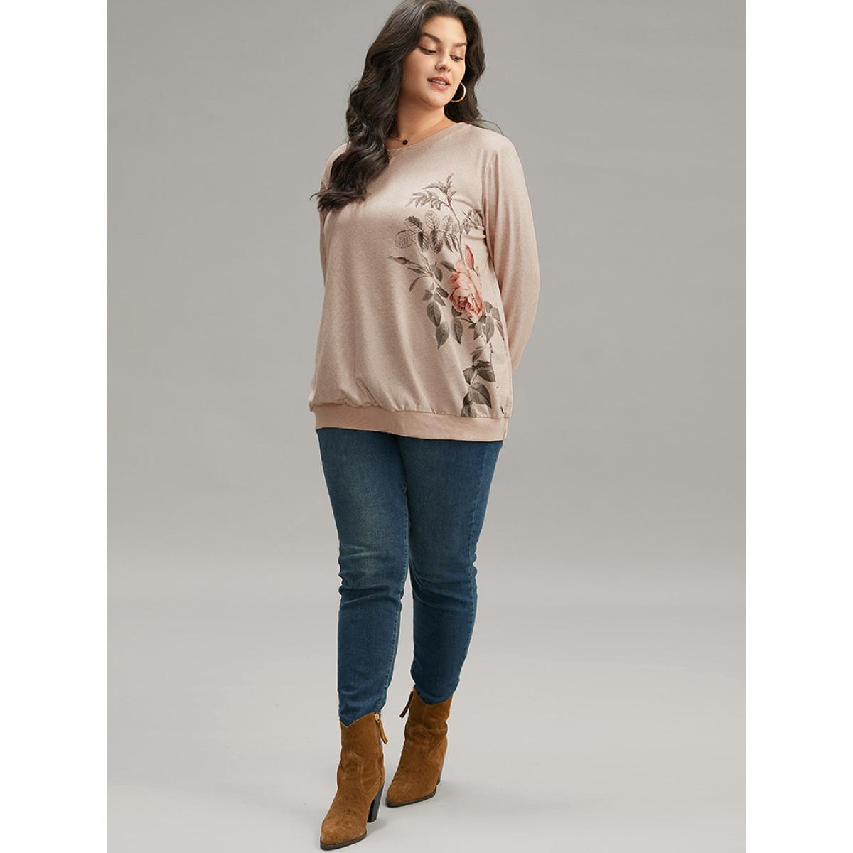 Plus Size Floral Print Elastic Cuffs Sweatshirt Women LightBrown Casual Elastic cuffs Round Neck Dailywear Sweatshirts BloomChic 26/4X Product Image
