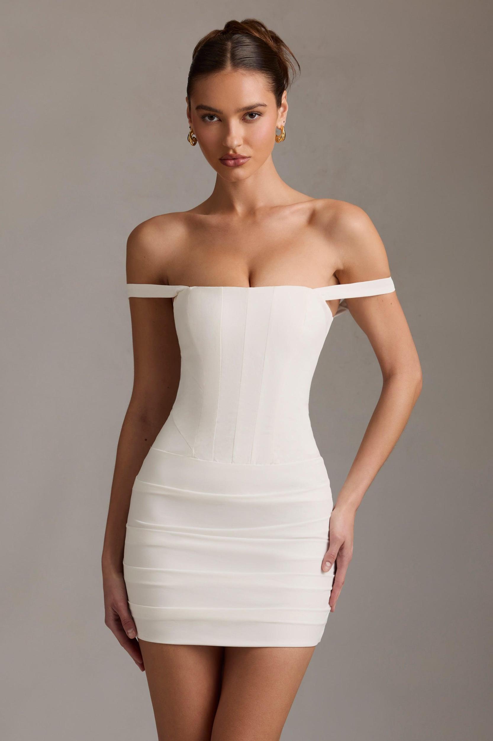 Off-Shoulder Corset Mini Dress in White Product Image