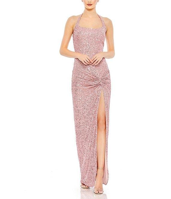 Mac Duggal Sleeveless Halter Square Neck Side Knot Thigh High Slit Sequin Sheath Gown Product Image