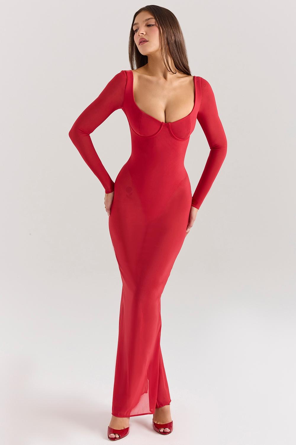 Everly  holly red mesh maxi dress with bodysuit Product Image