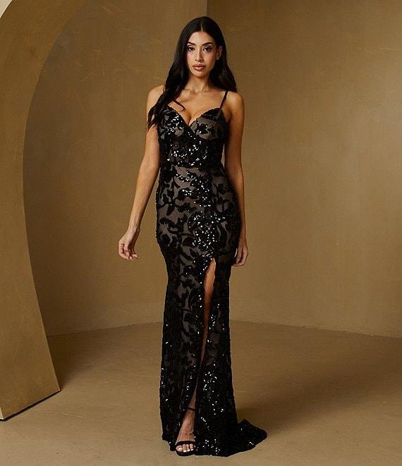 B. Darlin Spaghetti Strap Illusion Bodice Godet Slit Dress Product Image